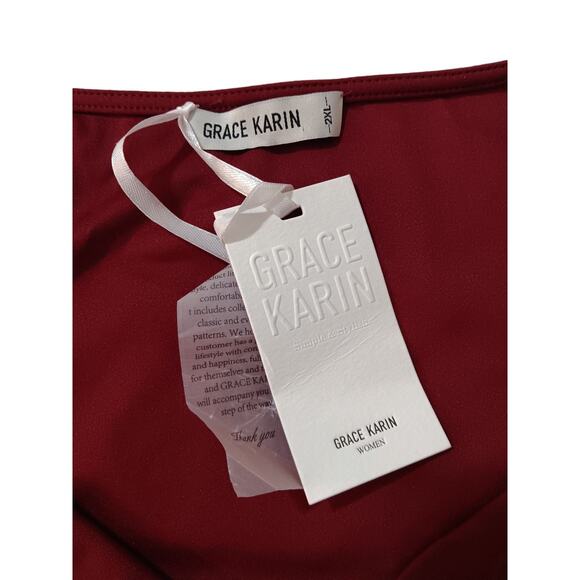 NEW GRACE KARIN Blouse Top 2X-SNUG FIT-See pic Faux Wrap Burgundy Peplum Career - Picture 5 of 8